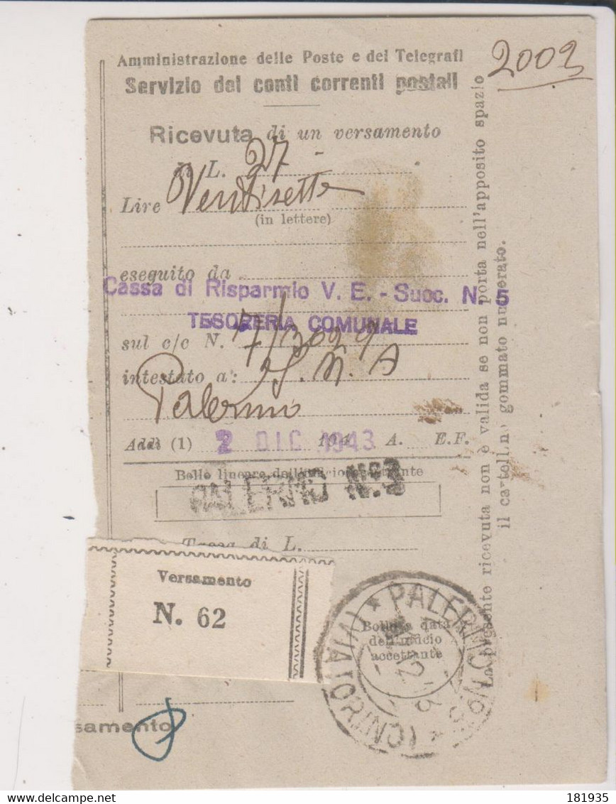 Amgot Ricevuta Di Vesamento- Palermo 2.12.1943-Viaggiata Italy Italia - Anglo-american Occ.: Sicily