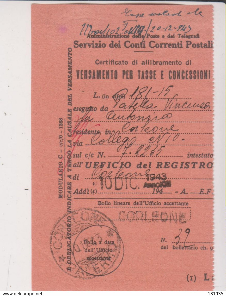 Amgot Ricevuta Di Vesamento- Corleone 10.12.1943-Viaggiata Italy Italia - Occ. Anglo-américaine: Sicile