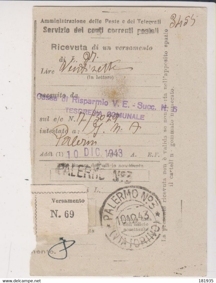 Amgot Ricevuta Di Vesamento-Palermo 10.12.1943-Viaggiata Italy Italia - Anglo-american Occ.: Sicily