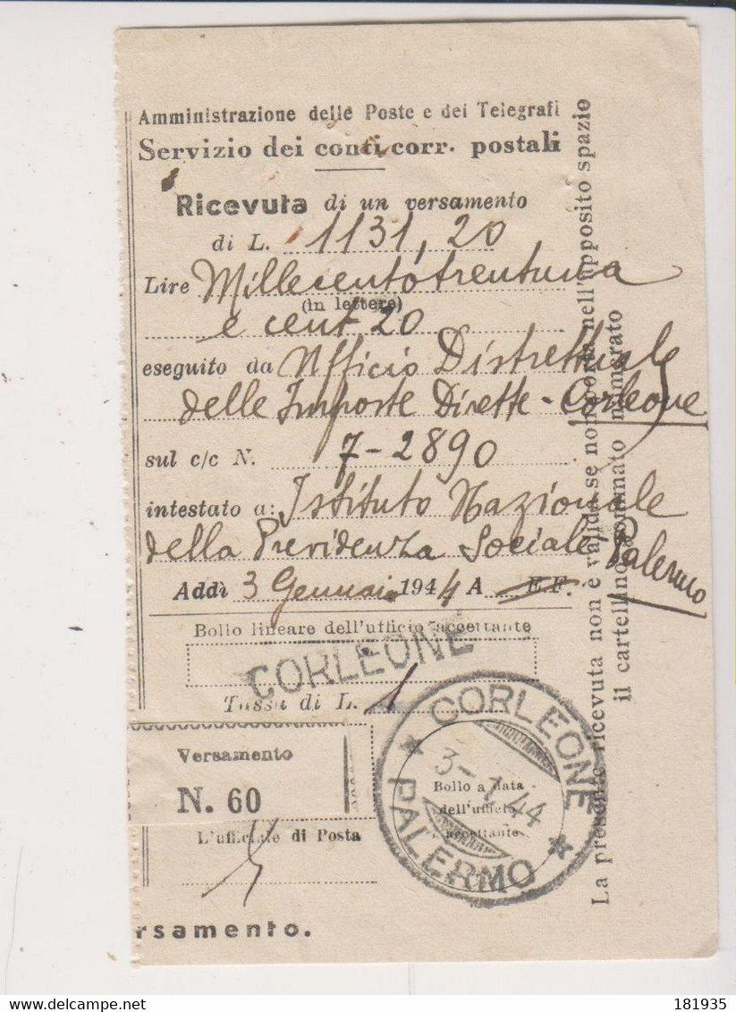 Amgot Ricevuta Di Vesamento-Corleone 3.1.1944-Viaggiata Italy Italia - Anglo-american Occ.: Sicily