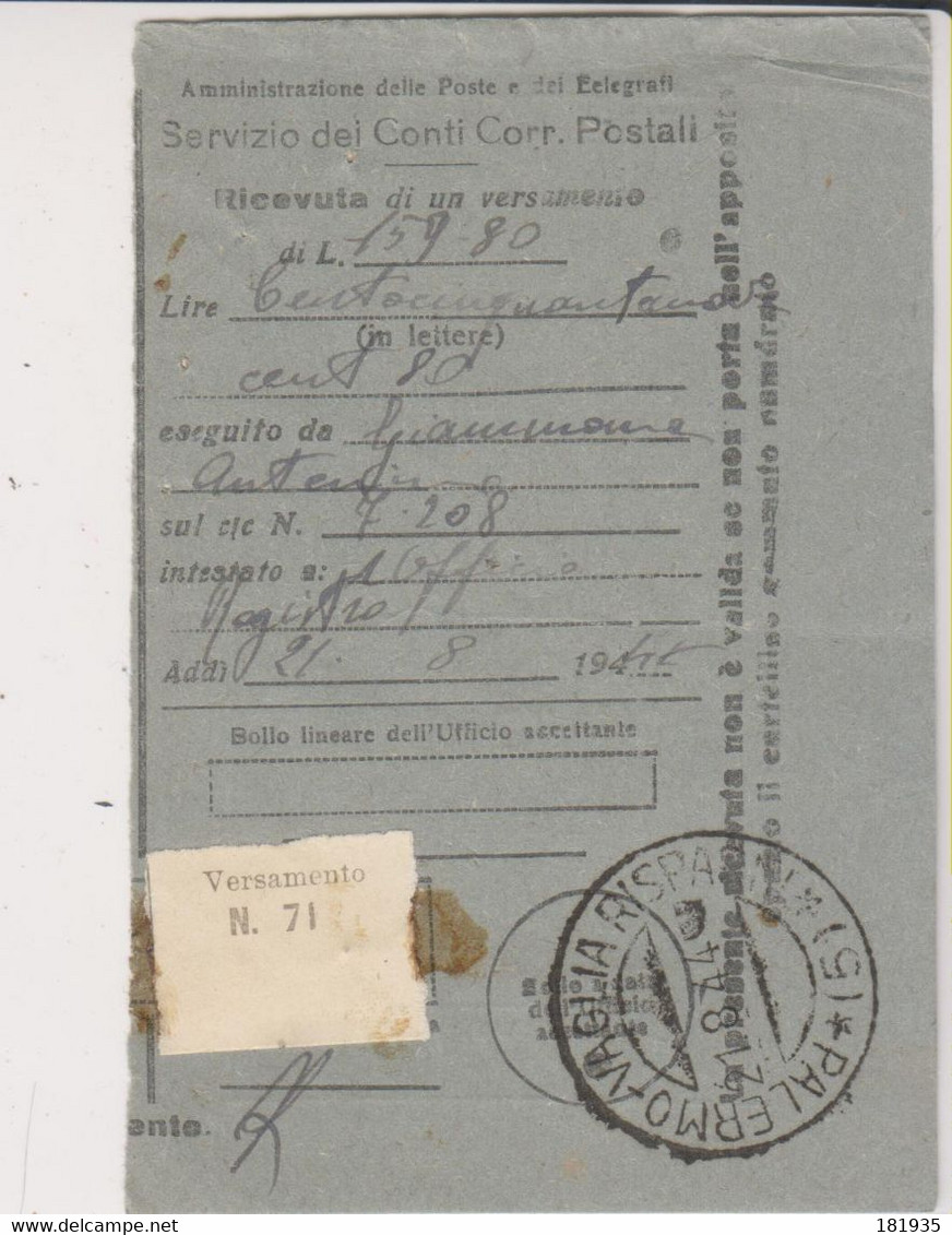Amgot Ricevuta Di Vesamento-Palermo 1.8..1944-Viaggiata Italy Italia - Anglo-american Occ.: Sicily
