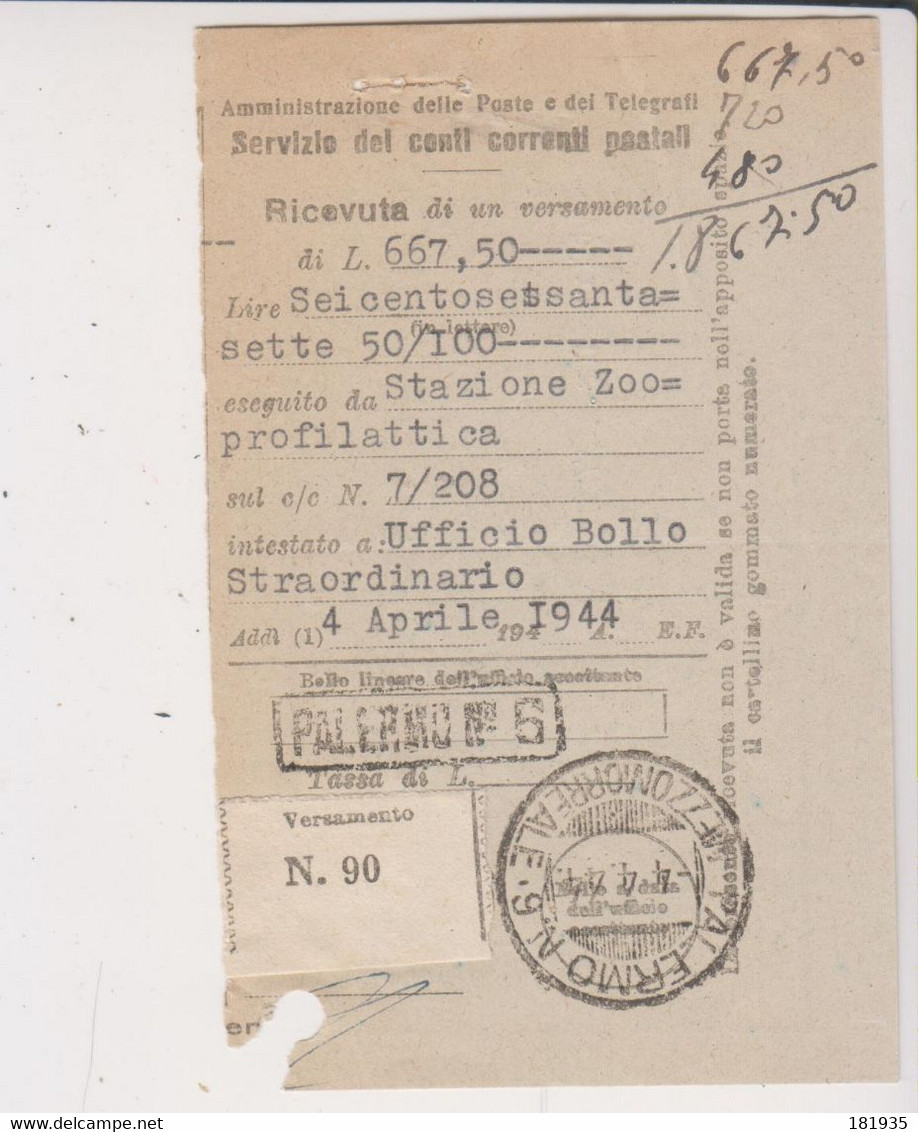 Amgot Ricevuta Di Vesamento Mezzomonreale 4.4..1944-Viaggiata Italy Italia - Anglo-Amerik. Bez.: Sicilë