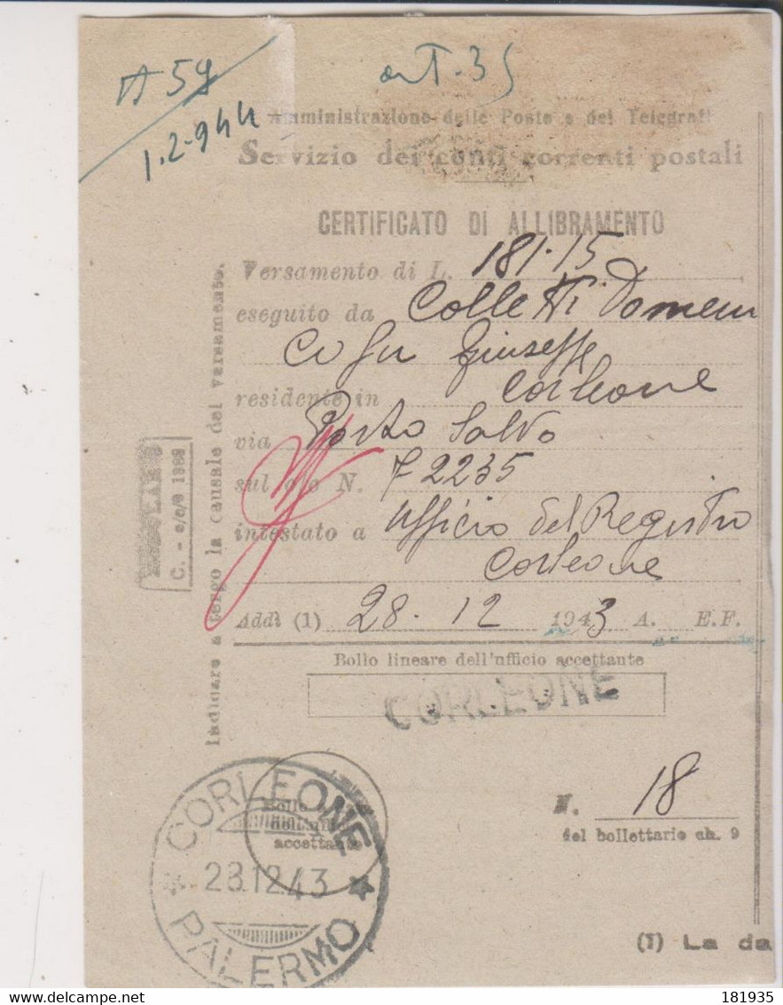 Amgot Ricevuta Di Vesamento Casteldaccia 19.7.1944-Viaggiata Italy Italia - Occ. Anglo-américaine: Sicile