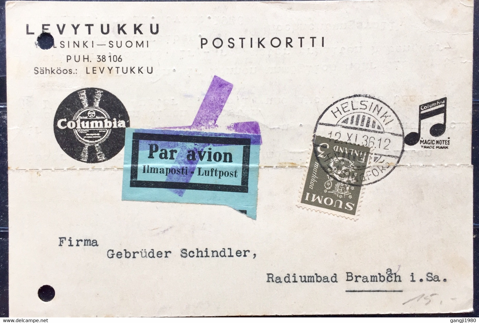 FINLAND 1936 COLUMBIA ADVERTISEMENT NICE CARD PAR AVION LABEL CROSSED HELSINKI CANCELLATION - Covers & Documents