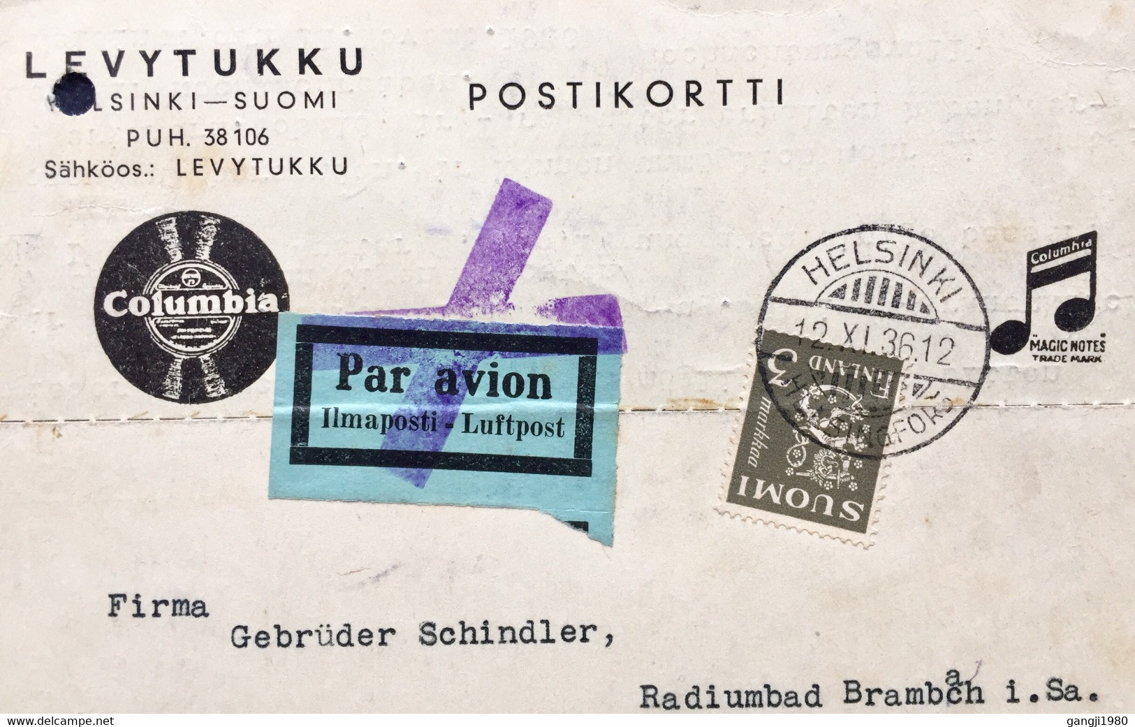 FINLAND 1936 COLUMBIA ADVERTISEMENT NICE CARD PAR AVION LABEL CROSSED HELSINKI CANCELLATION - Covers & Documents