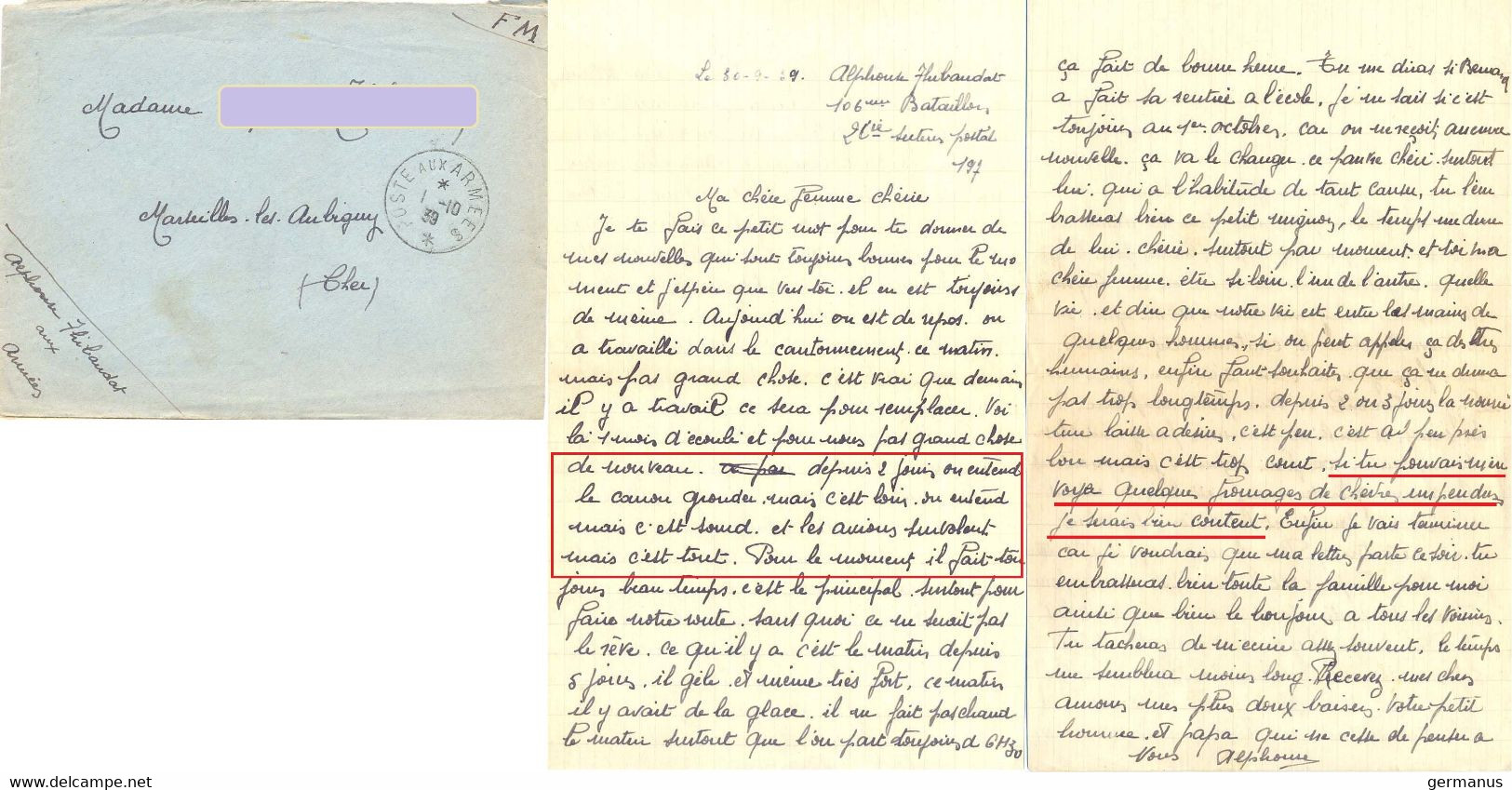 GUERRE 39-45 Du 106e Bat. De Génie 2 Cie SP 197 Le 30-9-39 – Depuis 2 Jours On Entend Le Canon Gronder, Mais C’est Loin… - Oorlog 1939-45