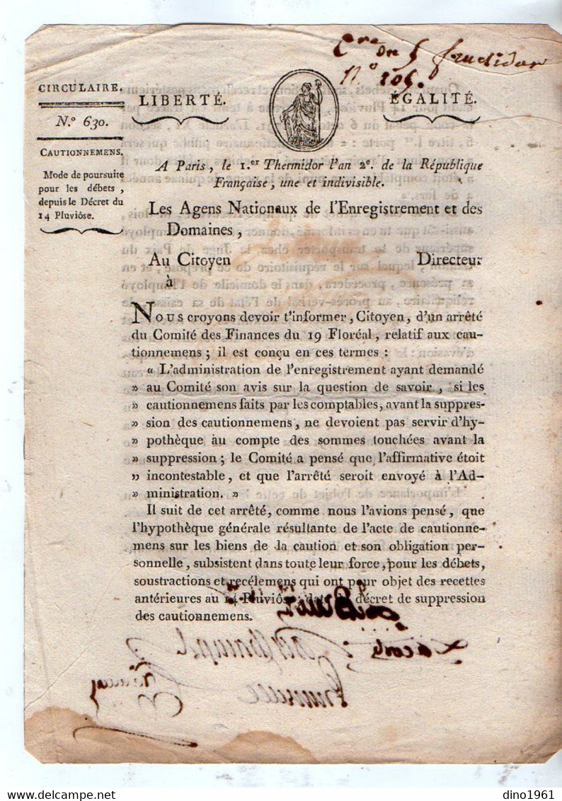 VP18.498 - Révolution - PARIS An 2 De La République Française - Circulaire Concernant Les Cautionnemens - Decreti & Leggi