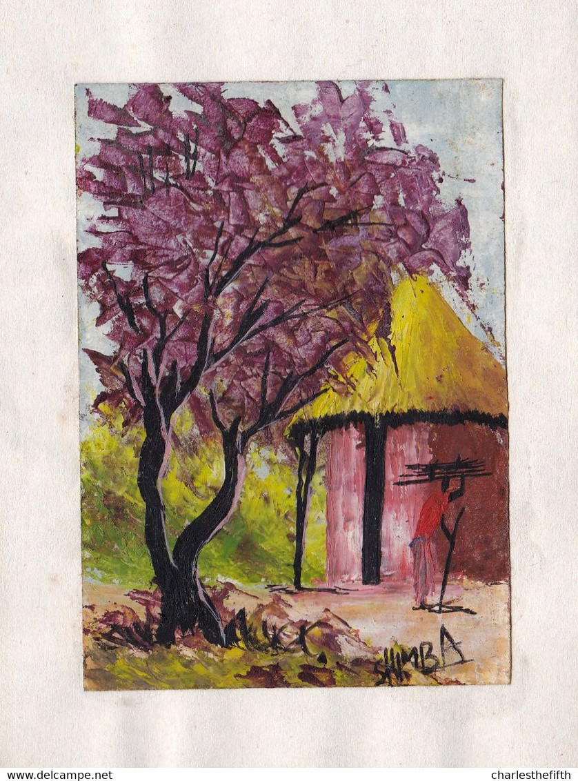 HANDPAINTED WATERCOLOR ( Poster Paint - Gouache ) PRIMITIVE CONGOLESE VILLAGE SCENE SIGNED SHIMBA Around 1930 - Art Africain