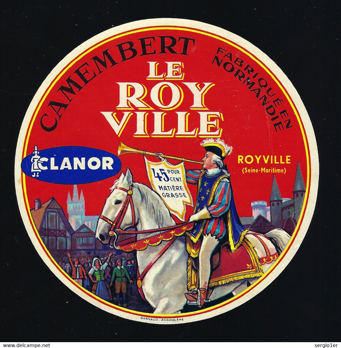 étiquette Fromage Camembert Normandie Le Roy Ville Clanor Royville Seine Mritime 76 " Cheval écuyer Trompette" - Kaas