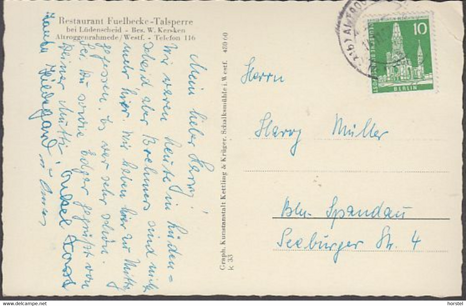 D-58762 Altena - Altroggenrahmede - Restaurant Fuelbecke - Talsperre - Nice Stamp - Altena