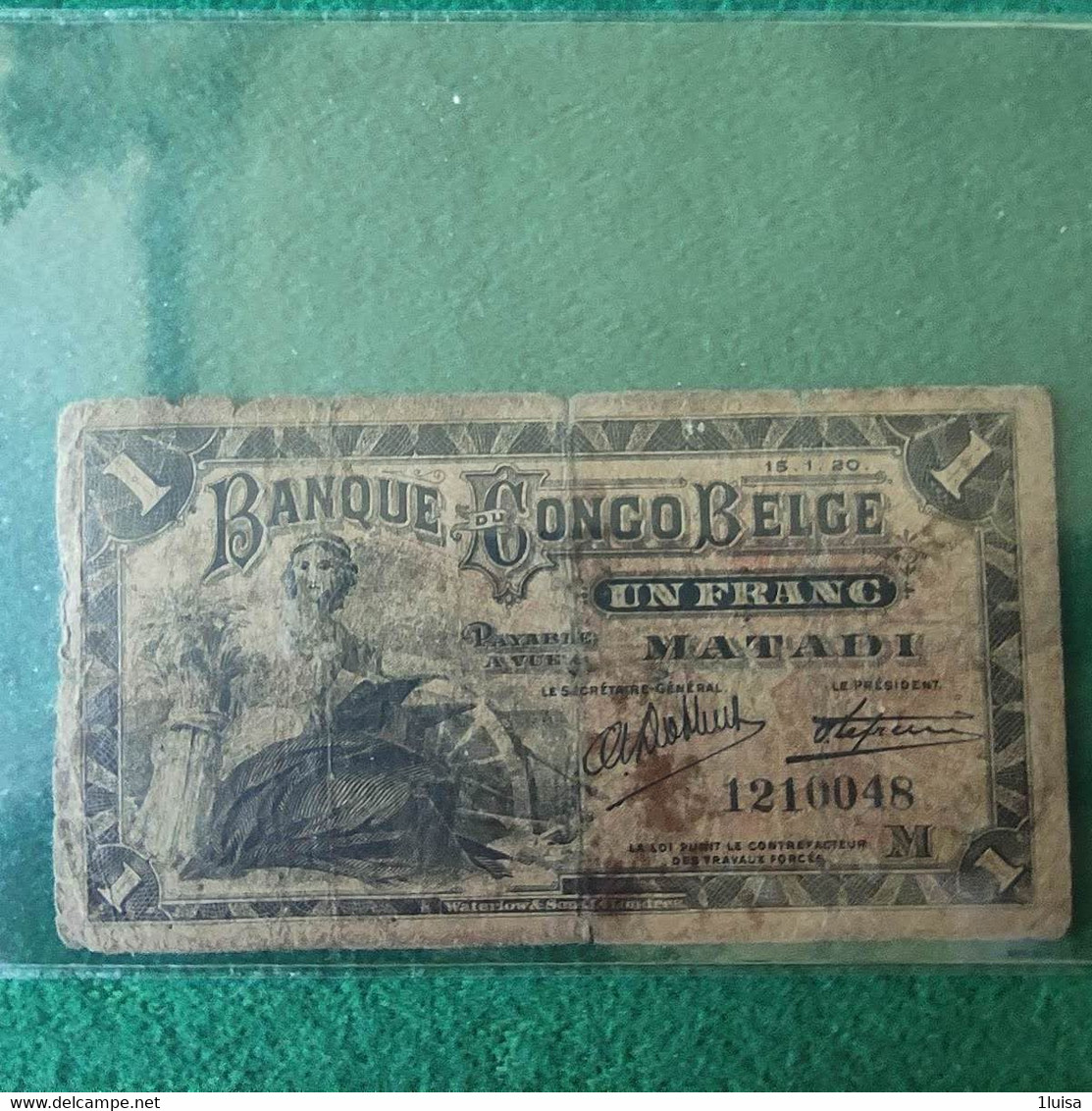 CONGO BELGA 1 FRANC 1920 - Bank Van Belgisch Kongo