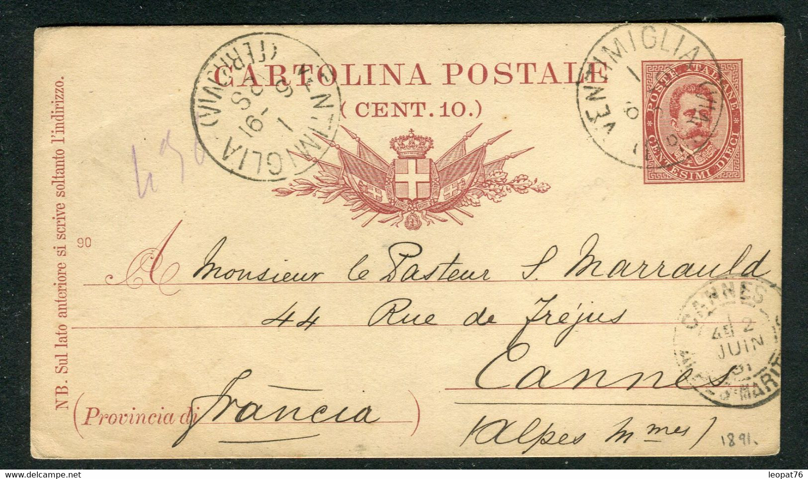 Italie - Entier Postal De Ventimiglia Pour Cannes En 1891 - Ref N 129 - Ganzsachen