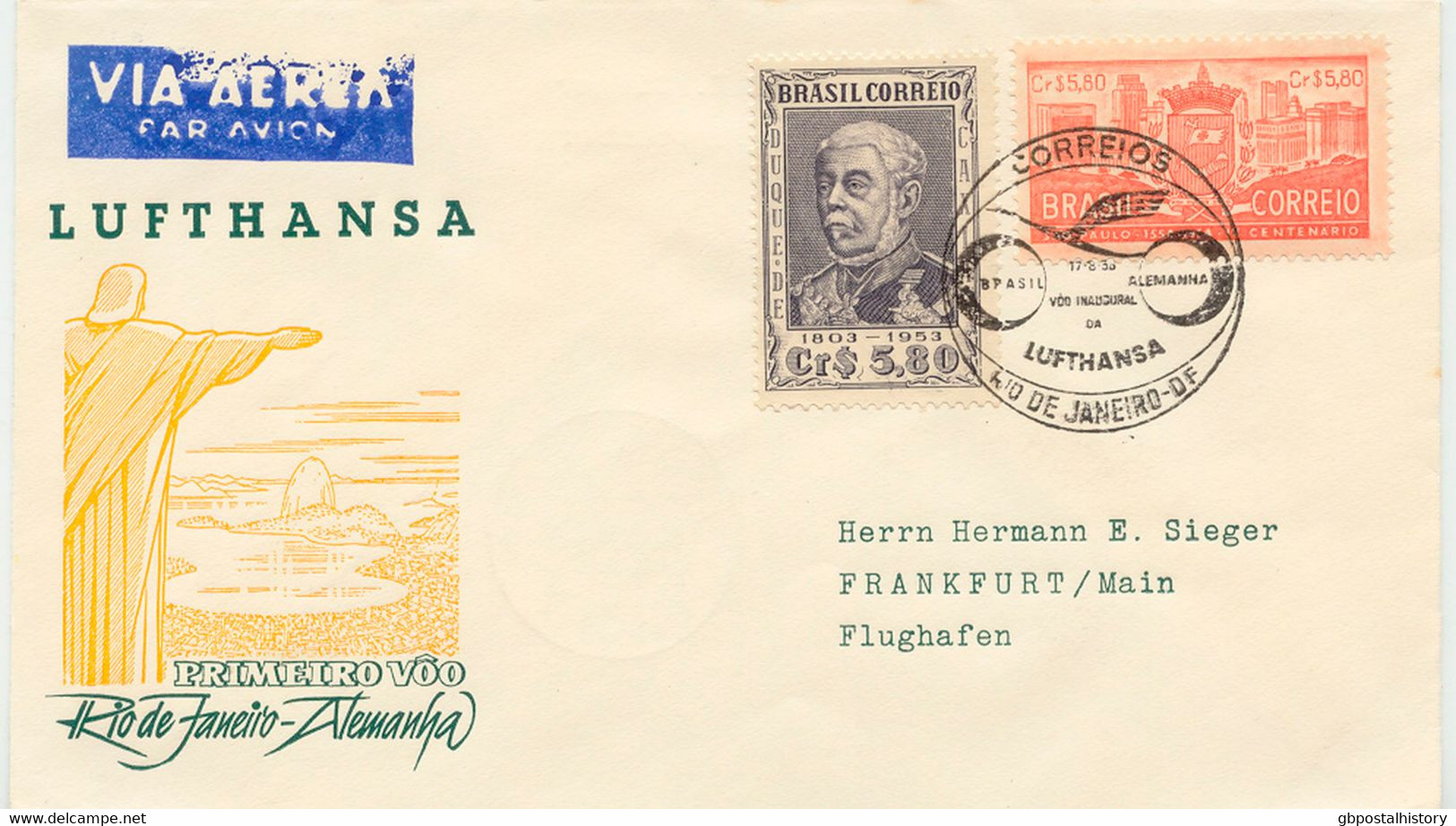 BRASILIEN 17.8.1956, Selt. Kab.-Erstflug Der Dt. Lufthansa Von Rio De Janeiro N. Frankfurt (Haberer/Sieger 83/66), R! - Poste Aérienne