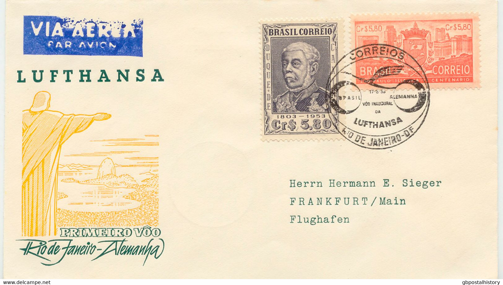 BRASILIEN 17.8.1956, Selt. Kab.-Erstflug Der Dt. Lufthansa Von Rio De Janeiro N. Frankfurt (Haberer/Sieger 83/66), R! - Luchtpost