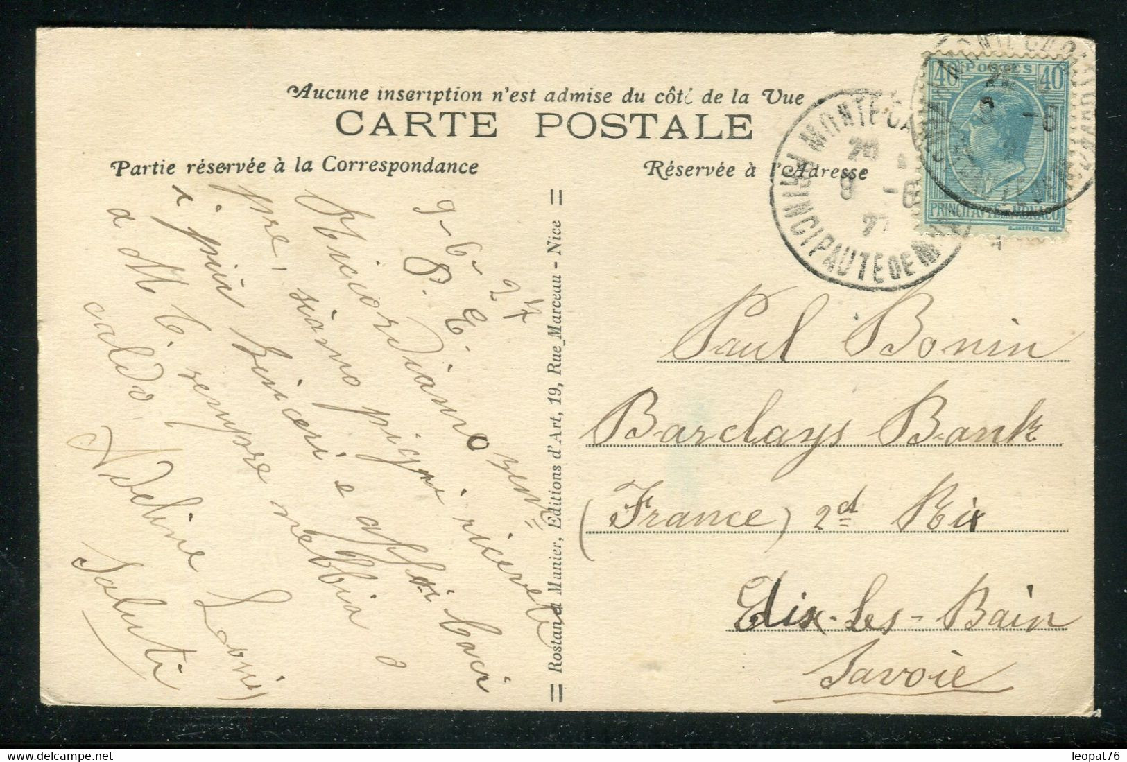 Monaco - Affranchissement De Monte Carlo Sur Carte Postale Pour Aix Les Bains En 1927 - Ref N 151 - Cartas & Documentos