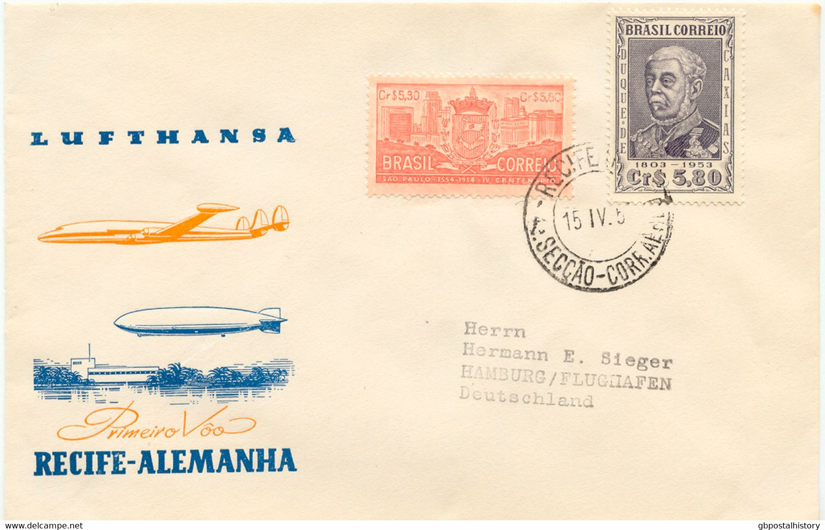 BRASILIEN 15.4.1957, Sehr Selt. Kab.-Erstflug Der Dt. Lufthansa Von RECIFE N. HAMBURG (Haberer/Sieger 150/97), R! - Poste Aérienne