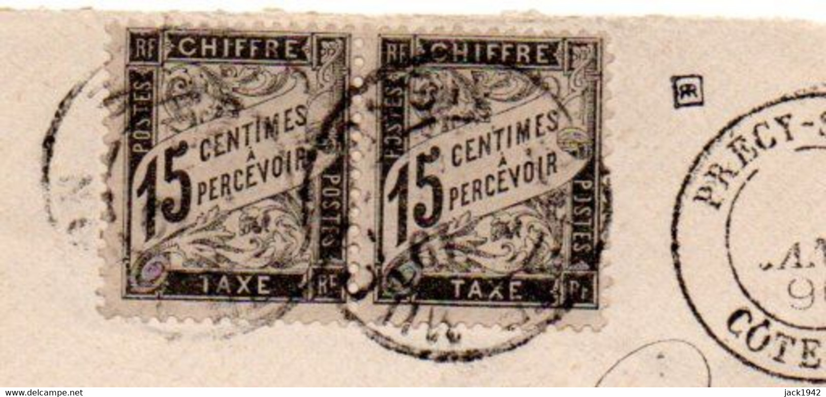 1890 - Enveloppe Taxée 15c+15c Duval Noirs Annulés La Ferté-Milon (Aisne) - De Précy-S-Thil (Côte-d'Or) - 1859-1959 Briefe & Dokumente