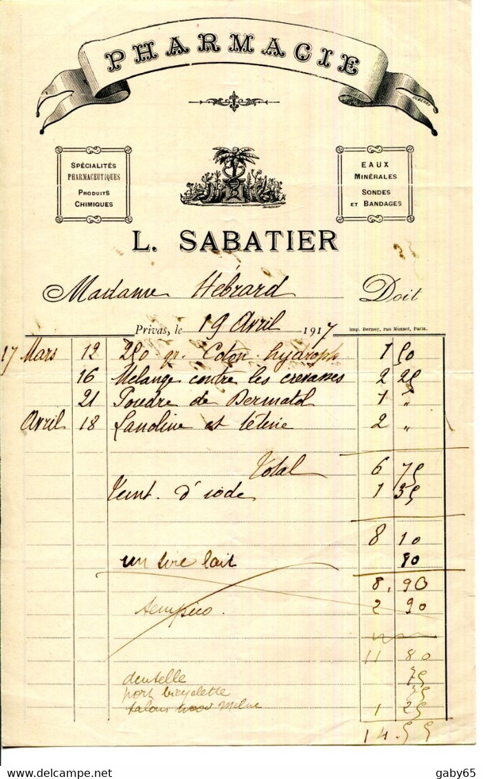 FACTURE.07.ARDECHE.PRIVAS.PHARMACIE L.SABATIER. - Droguerie & Parfumerie