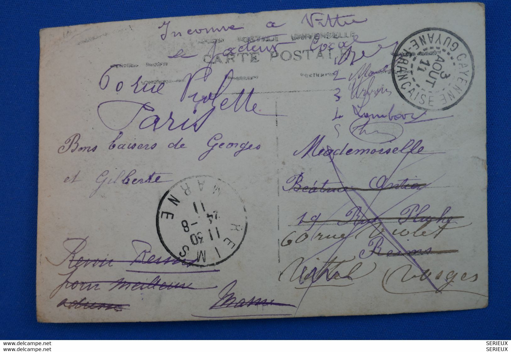 N12 GUYANE BELLE CARTE 1910 POUR REIMS FRANCE + AFFRANCHISSEMENT INTERESSANT - Briefe U. Dokumente