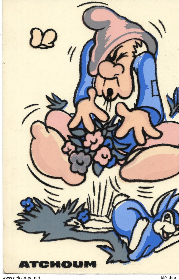Atchoum (Blanche-Neige) Carte Postale En Feutrine Des Années 60 - Sneezy (Snow-White) 60's Postcard Walt Disney - Andere & Zonder Classificatie