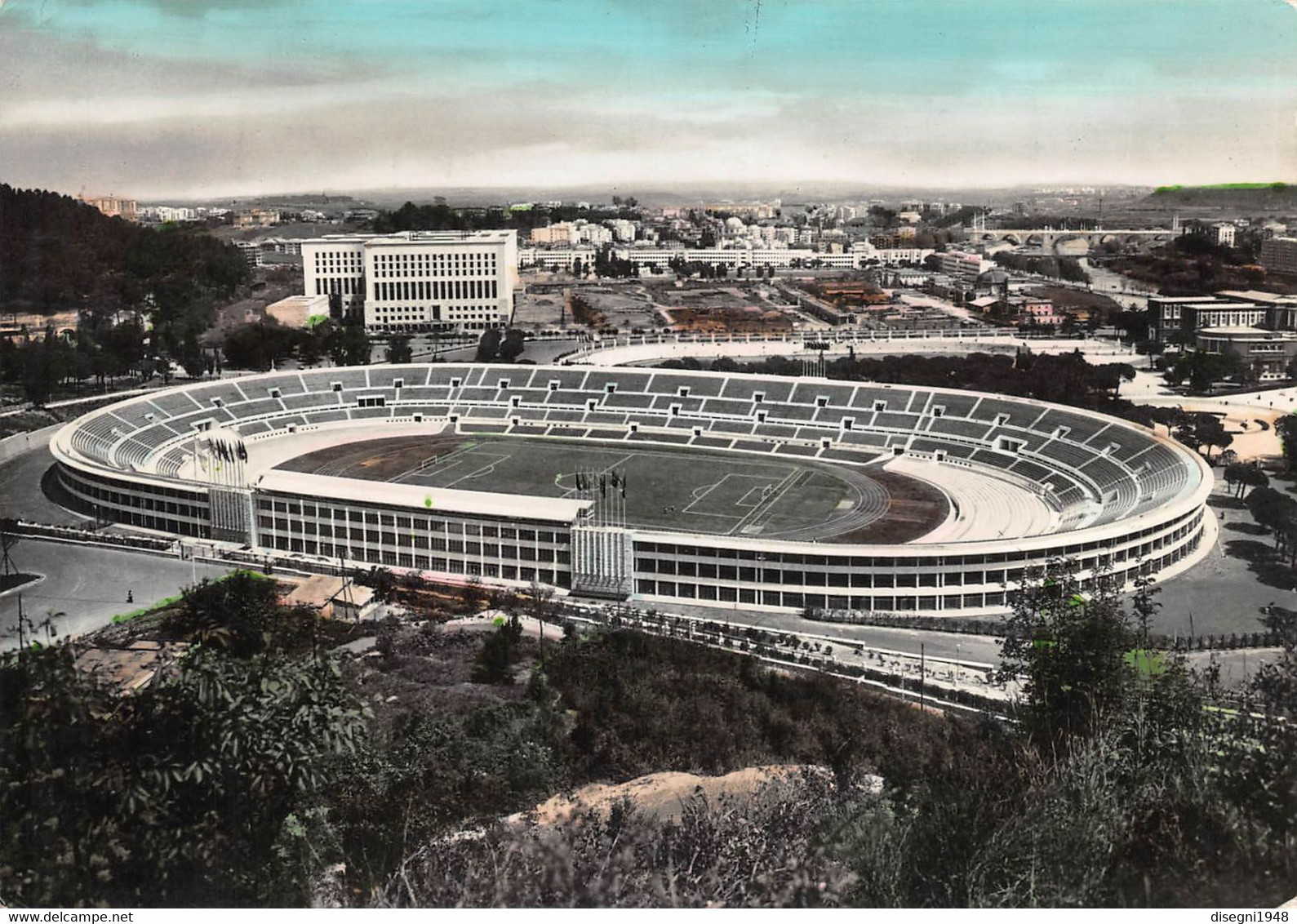 10619 "ROMA - LO STADIO OLIMPICO"  VEDUTA, VERA FOTO, COLORATA A MANO. CART SPED 1959 - Stadia & Sportstructuren