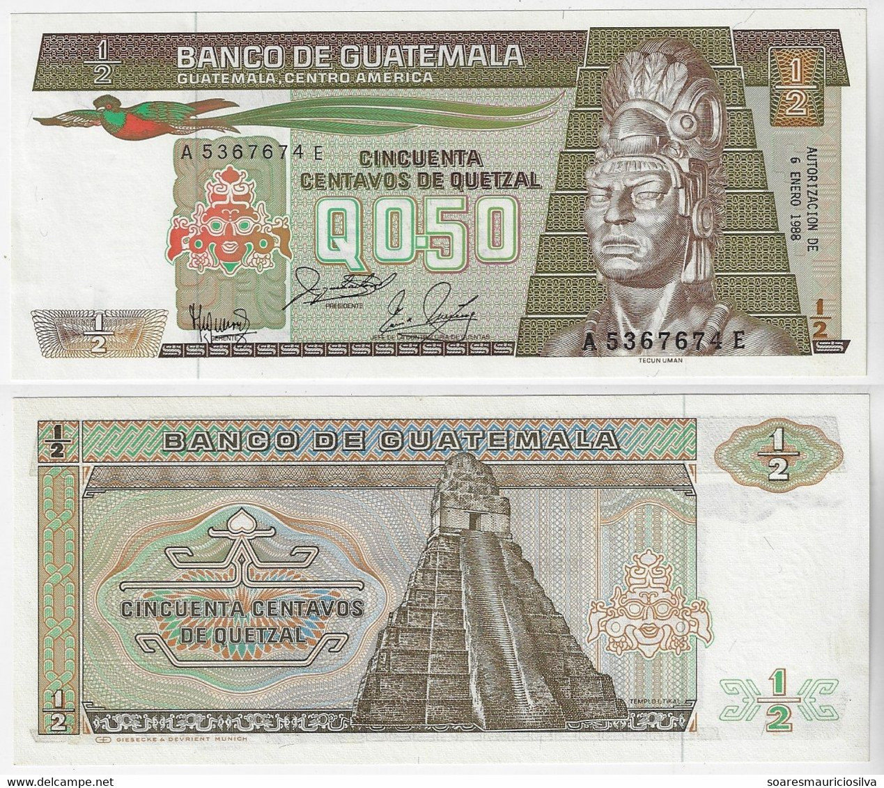 Banknote Guatemala ½ 1/2 Quetzales 1988 Pick-65 Unc (US$ 14) - Guatemala