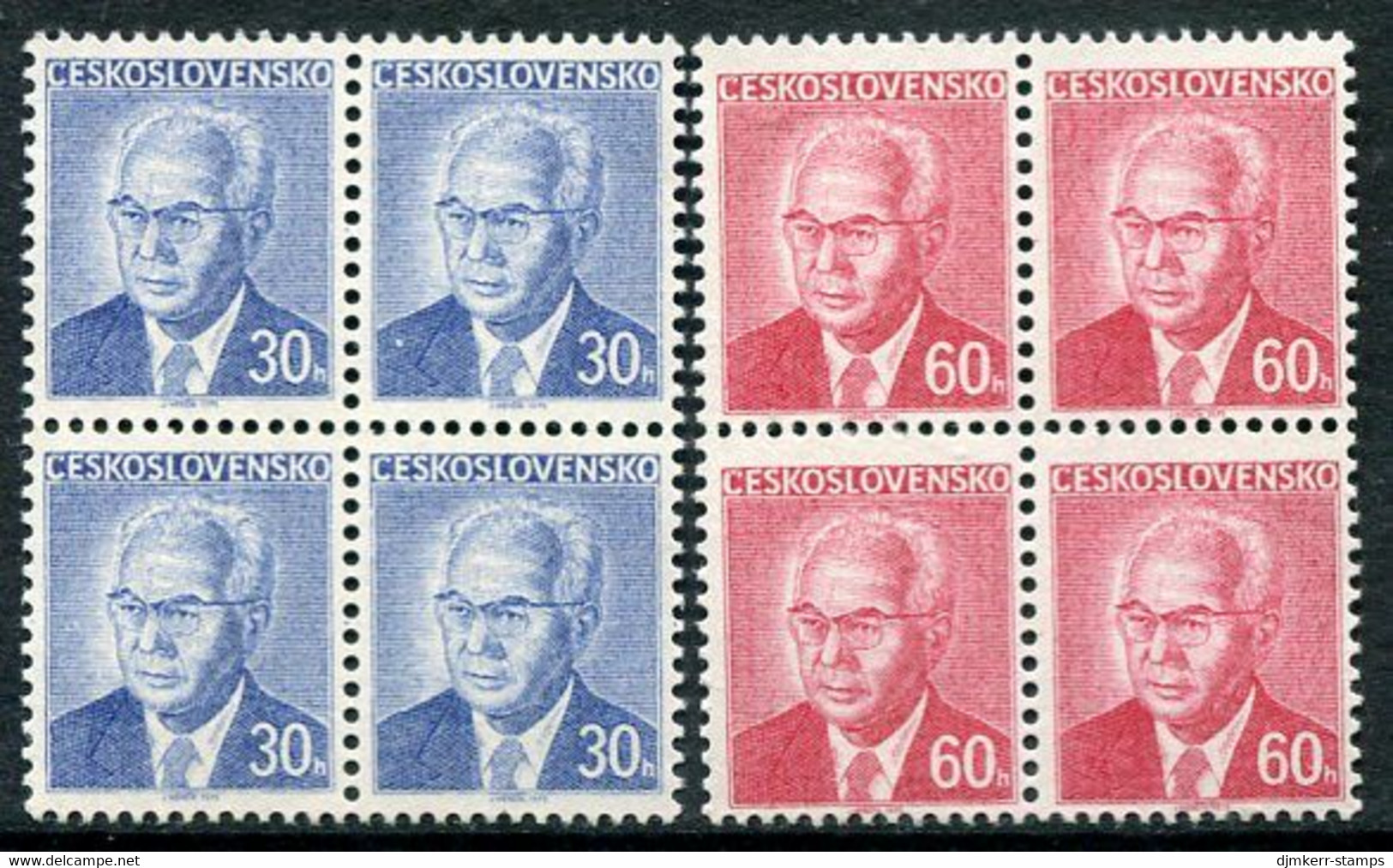 CZECHOSLOVAKIA 1975 Definitive: President Husak On Fluorescent Paper Blocks Of 4 MNH / **. Michel 2283-84y - Ungebraucht