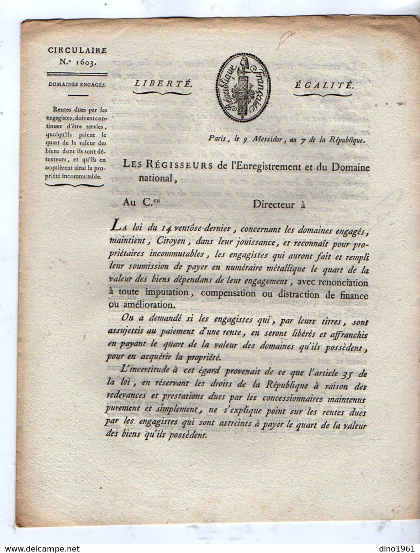 VP18.502 - Révolution - PARIS An 7 De La République Française - Circulaire Concernant Les Domaines Engagés - Decreti & Leggi