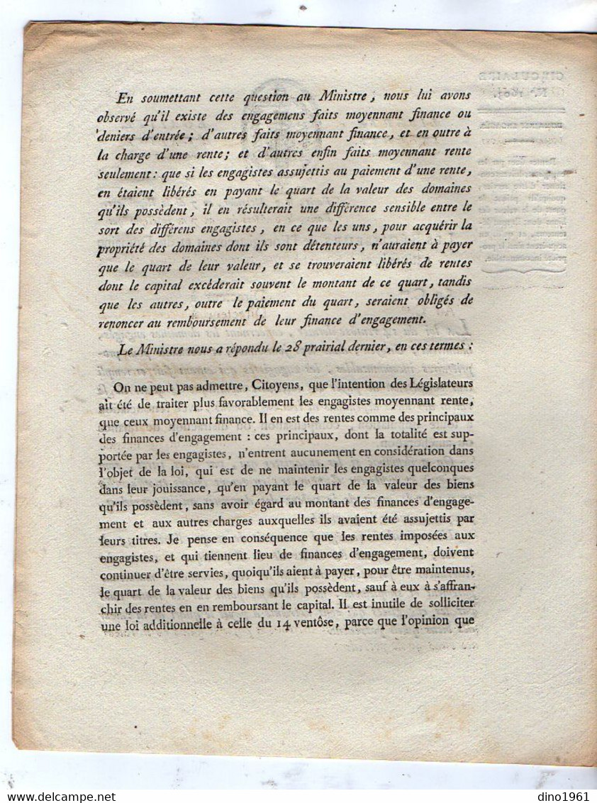 VP18.502 - Révolution - PARIS An 7 De La République Française - Circulaire Concernant Les Domaines Engagés - Decreti & Leggi