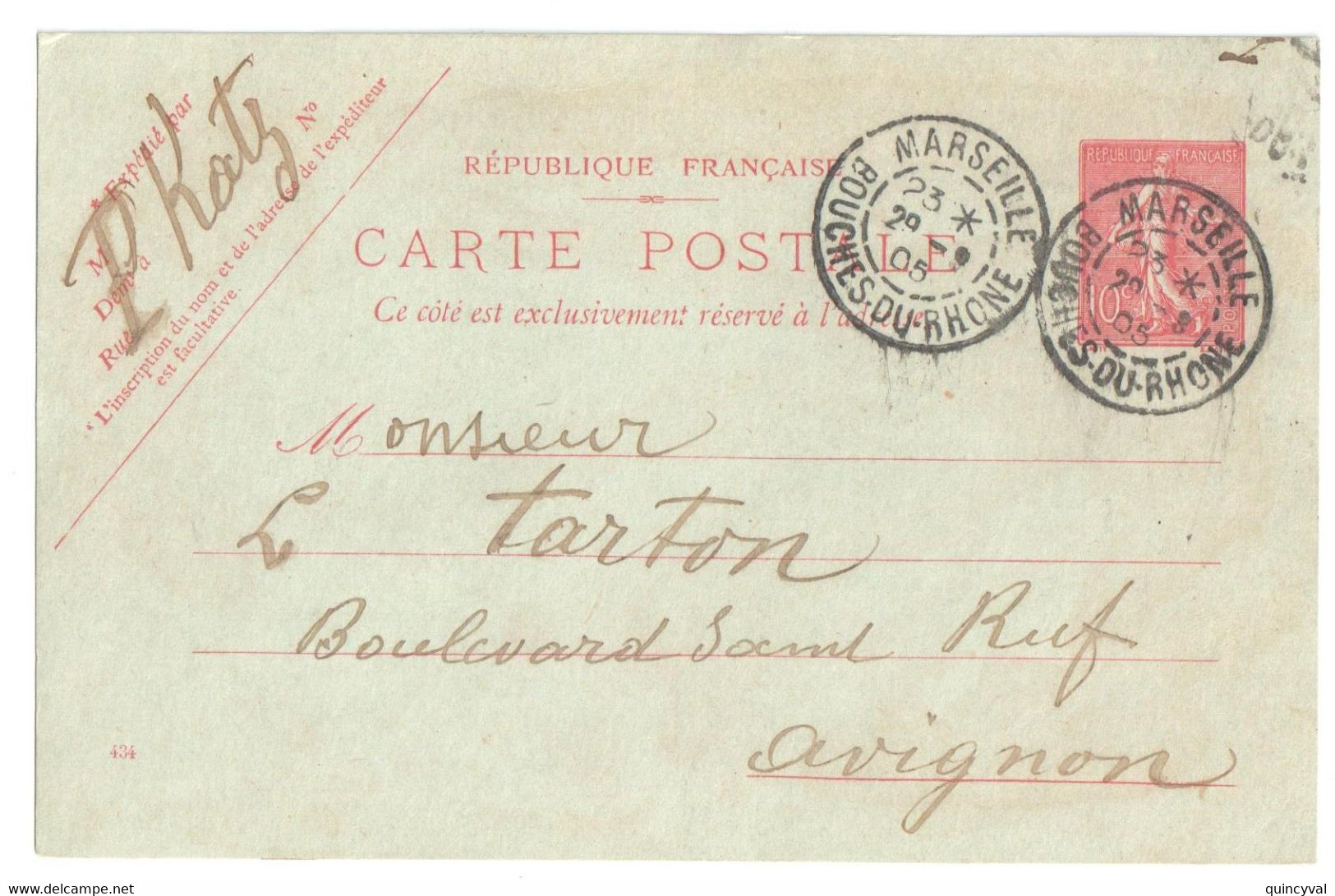 MARSEILLE Bouches Du Rhône Carte Postale Entier 10 C Semeuse Lignée Rose Sur Vert Yv 129-CP1 Storch A1 Date 434 Ob 1905 - Standard Postcards & Stamped On Demand (before 1995)