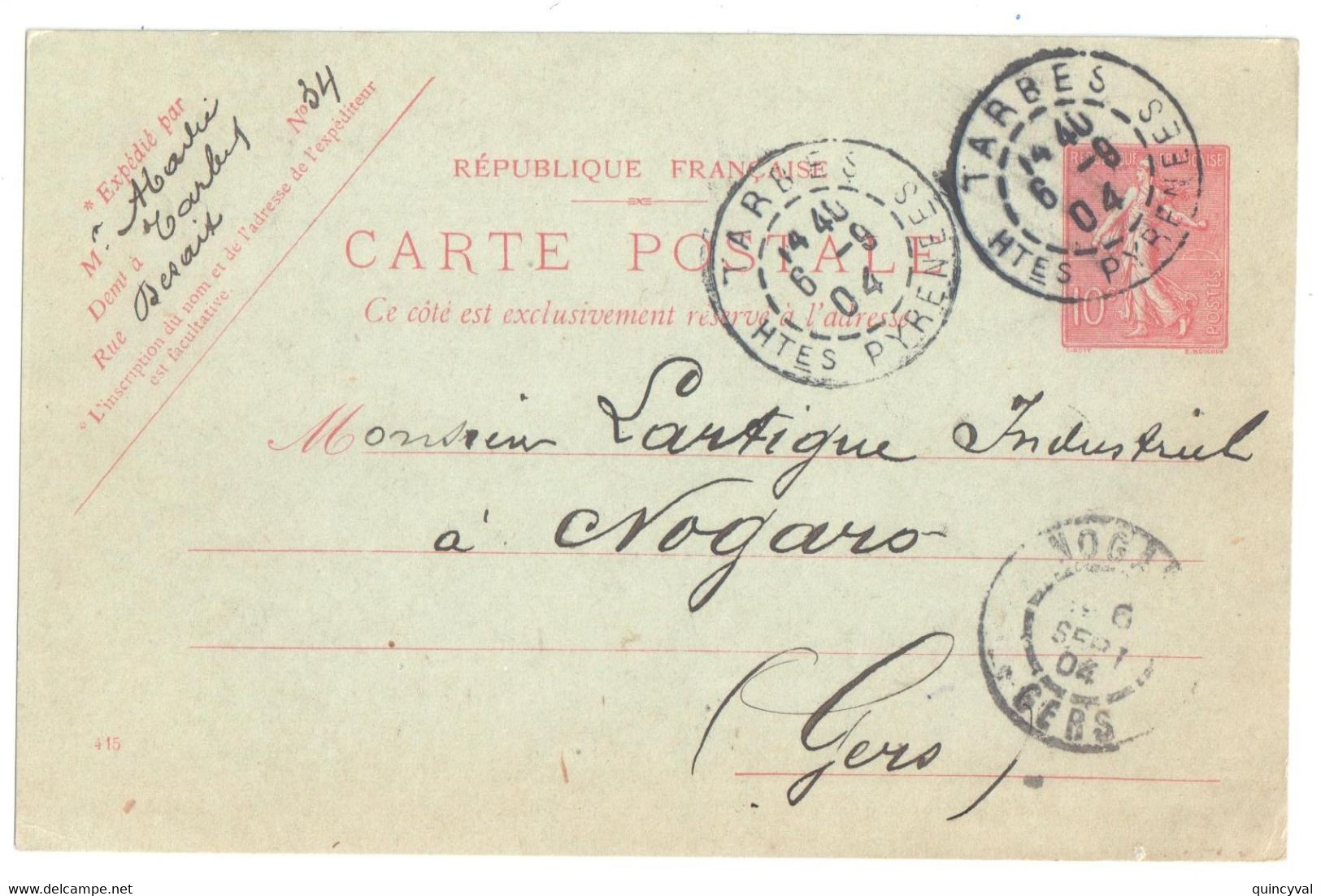 TARBES Htes Pyrénées Carte Postale Entier 10 C Semeuse Lignée Rose Sur Vert Yv 129-CP1 Storch A1 Date 415 Ob 1904 - Cartes Postales Types Et TSC (avant 1995)