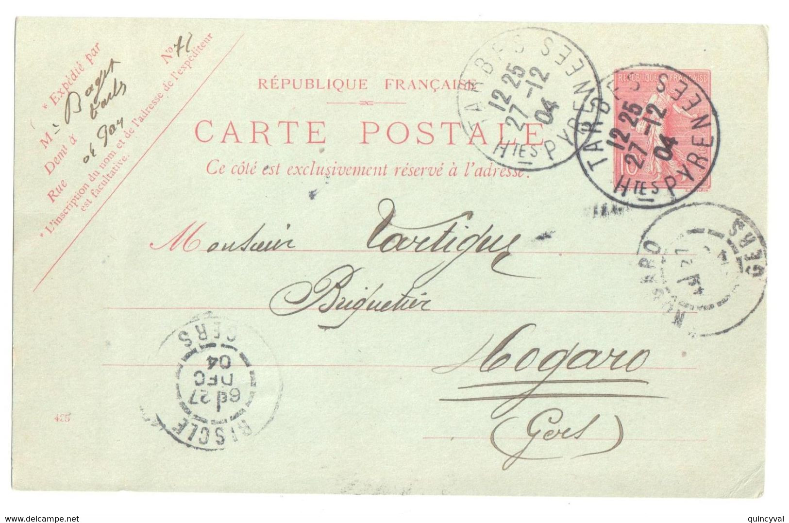 TARBES Htes Pyrénées Carte Postale Entier 10 C Semeuse Lignée Rose Sur Vert Yv 129-CP1 Storch A1 Date 425 Ob 1904 - Standard Postcards & Stamped On Demand (before 1995)