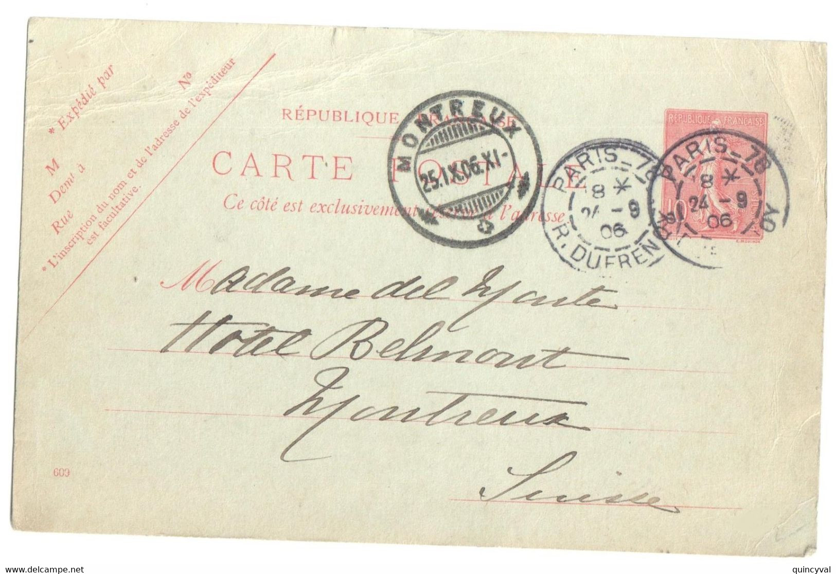 PARIS 78 Carte Postale Entier 1 C Semeuse Lignée Rose Sur Vert Yv 129-CP1 Storch A1 Date 609 Des Montreux Suisse Ob 1906 - Standard- Und TSC-AK (vor 1995)