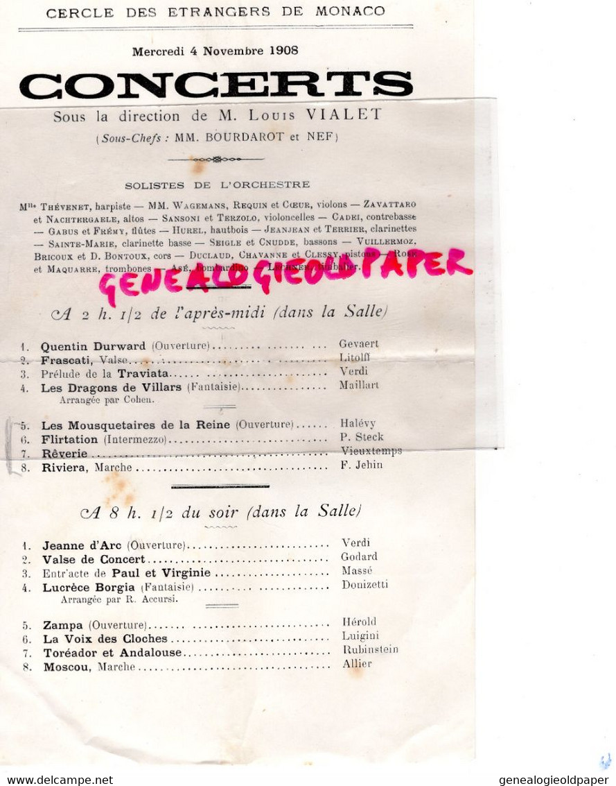 MONACO- PROGRAMME CONCERTS CERCLE ETRANGERS MONACO-1908- LOUIS VIALET- BOURDAROT ET NEF-4 NOV. 1908 - Programmes