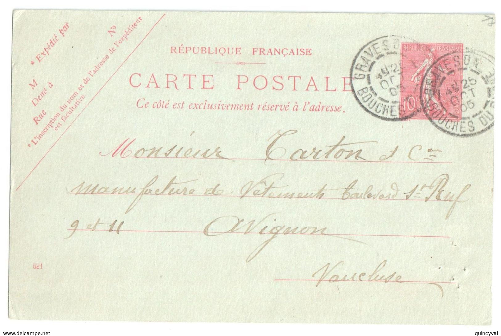 GRAVESON Bouches Du Rhône Carte Postale Entier 10 C Semeuse Lignée Rose Sur Vert Yv 129-CP1 Storch A1 Date 521 Ob 1905 - Cartes Postales Types Et TSC (avant 1995)