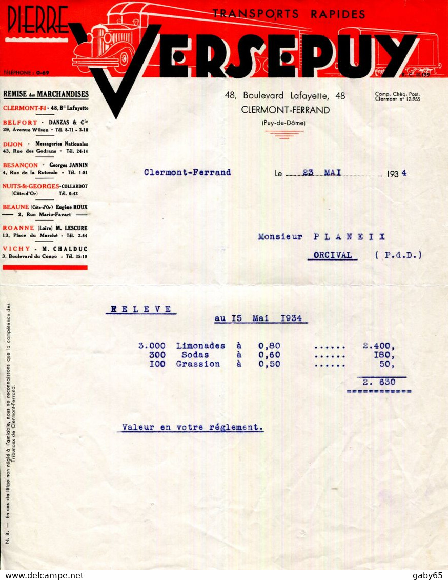 FACTURE.63.CLERMONT FERRAND.TRANSPORTS RAPIDES PIERRE VERSEPUY 48 BOULEVARD LAFAYETTE. - Transportmiddelen