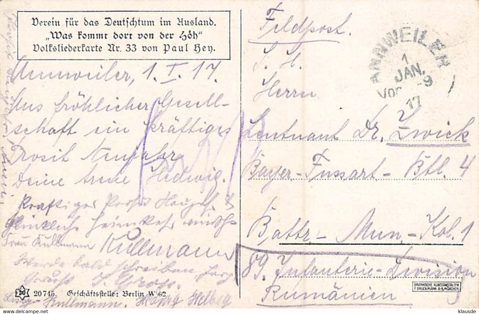 Einkreisstempel Annweiler 1917 Feldpost,Volksliederkarte Paul Hey,Studentika - Sonstige & Ohne Zuordnung