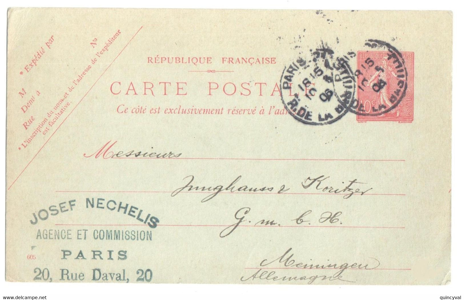 PARIS Carte Postale Entier 10c Semeuse Lignée Rose Sur Vert Yv 129-CP1 Storch A1 Date 605 Des Meinigen Allemagne Ob 1906 - Standaardpostkaarten En TSC (Voor 1995)