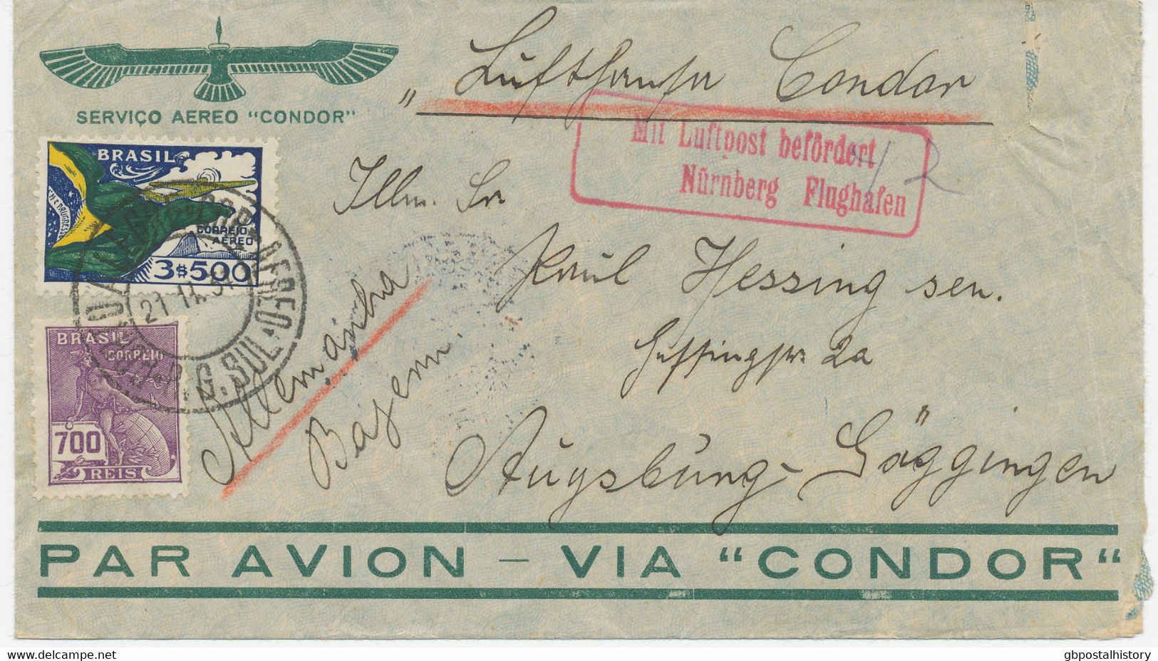 BRASILIEN 1934 Selt. Frühe Luftpost Mit "Condor" Int. Flugpost-MiF A. Pra.-Lupo-Bf "BRASILIEN - NÜRNBERG" Dt. Luftpost - Luftpost