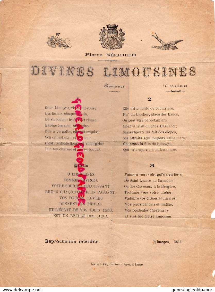 87-LIMOGES- CHANSON DIVINES LIMOUSINES-PIERRE NEGRIER -1902-IMPRIMERIE NOURY 4 RUE MONTE A REGRET-PORCELAINE GUERIN - Scores & Partitions