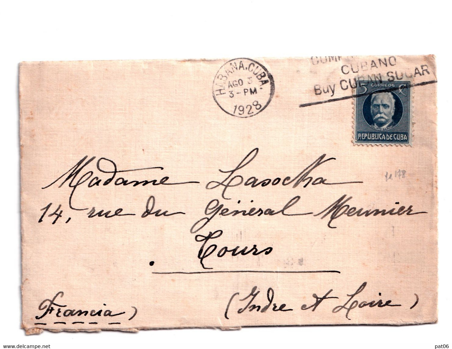 CUBA  - LA HAVANE LSE - Affrt. « FRANCE » à 5 Centiavos  Yv.N°187 – 5c. Calix GARCIA - Emis. De 1915 (Dent.12) Obl. Méc. - Lettres & Documents