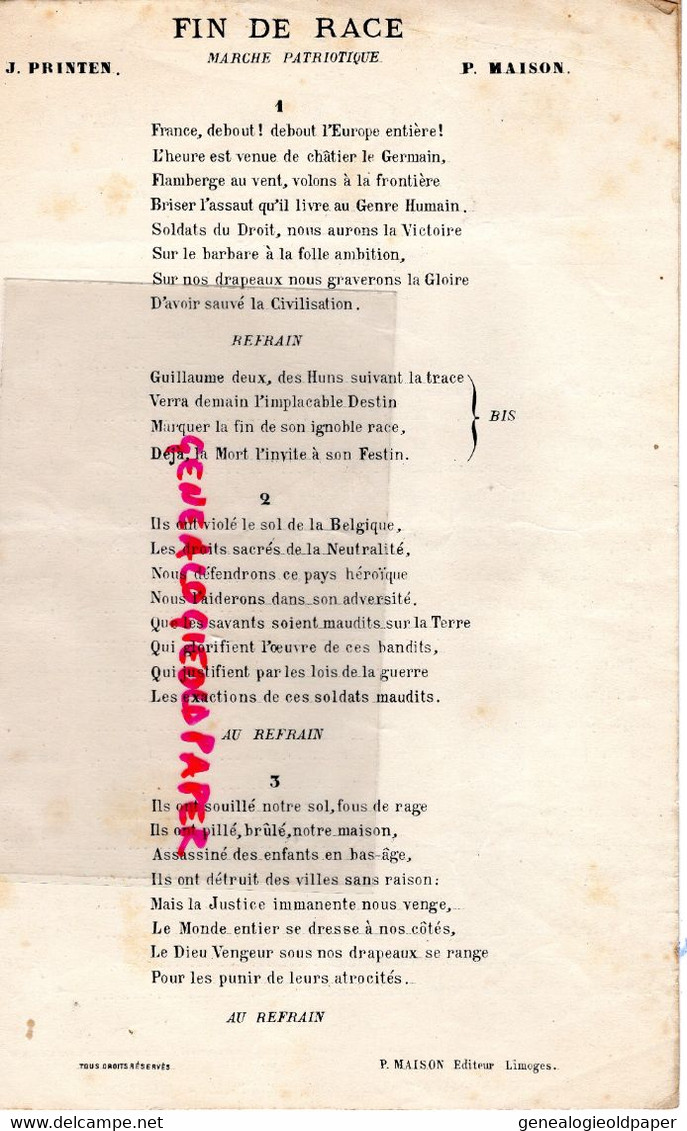 87-LIMOGES- PARTITION MUSIQUE FIN DE RACE-DEDIE AUX ALLIES GUERRE 1914-1915-GERMANIA-ALLEMAGNE-PAUL MAISON-JAN PRINTEN - Scores & Partitions