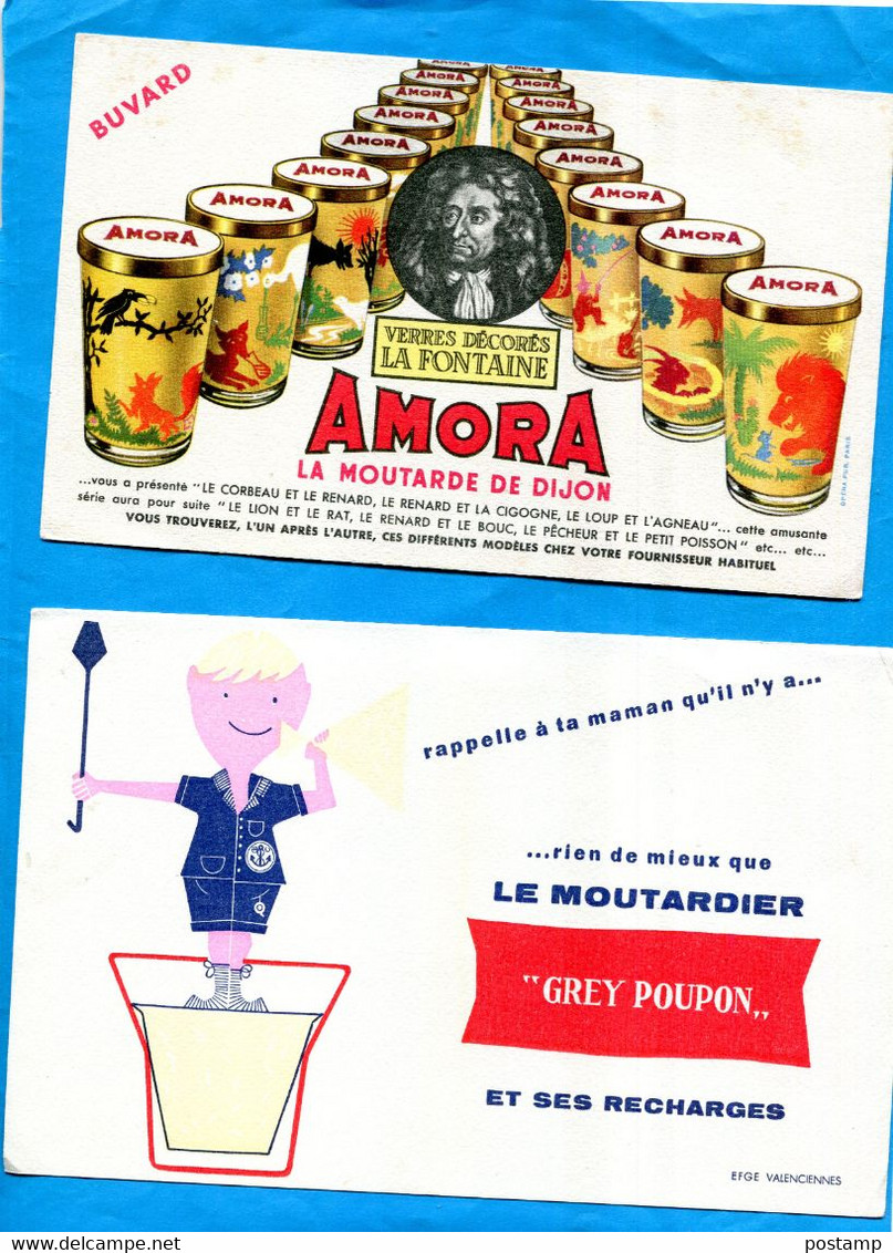 2-BUVARDS Publicitaires  "MOUTARDE"illustré   GREY POUPON+AMORA - Moutardes