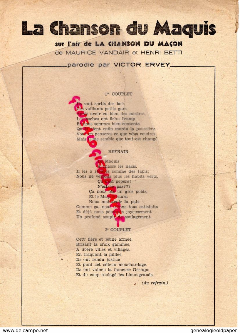 87-LIMOGES-PARTITION MUSIQUE  VICTOR ERVEY-CHANSON DU MAQUIS-RESISTANCE LIBERATION FFI-GESTAPO-RUE DU CLOCHER - Noten & Partituren