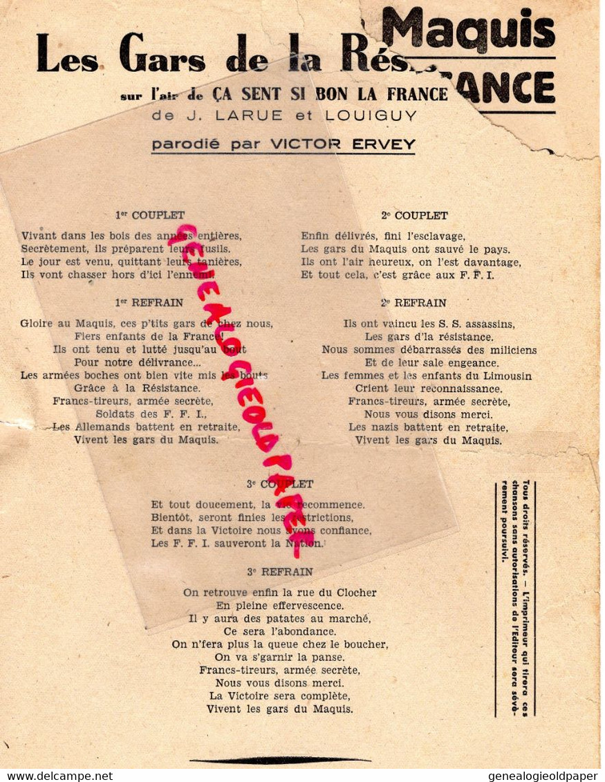 87-LIMOGES-PARTITION MUSIQUE  VICTOR ERVEY-CHANSON DU MAQUIS-RESISTANCE LIBERATION FFI-GESTAPO-RUE DU CLOCHER - Noten & Partituren