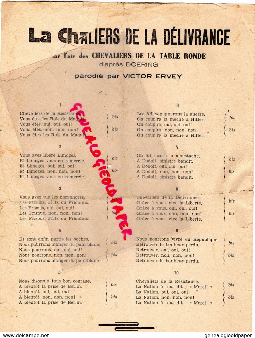 87-LIMOGES-PARTITION MUSIQUE  VICTOR ERVEY-CHANSON DU MAQUIS-RESISTANCE LIBERATION FFI-GESTAPO-RUE DU CLOCHER - Scores & Partitions