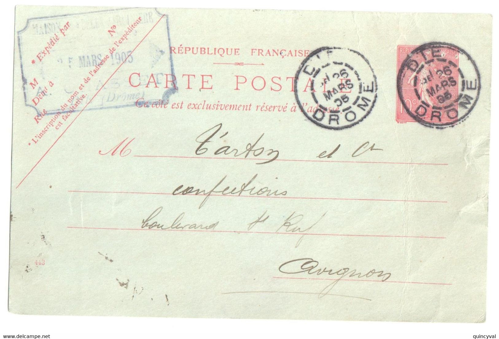 DIE Drôme Carte Postale Entier 10 C Semeuse Lignée Rose Sur Vert Yv 129-CP1 Storch A1 Date 434 Ob 1905 - Standard- Und TSC-AK (vor 1995)