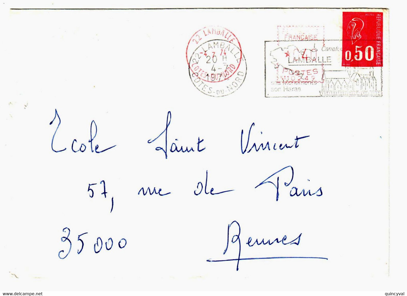 LAMBALLE Côtes Du Nord Lettre 50c Bequet Rouge Yv 1664 Complément Affranchissement EMA De Guichet 40c Ob 4 7 1974 - EMA (Empreintes Machines à Affranchir)