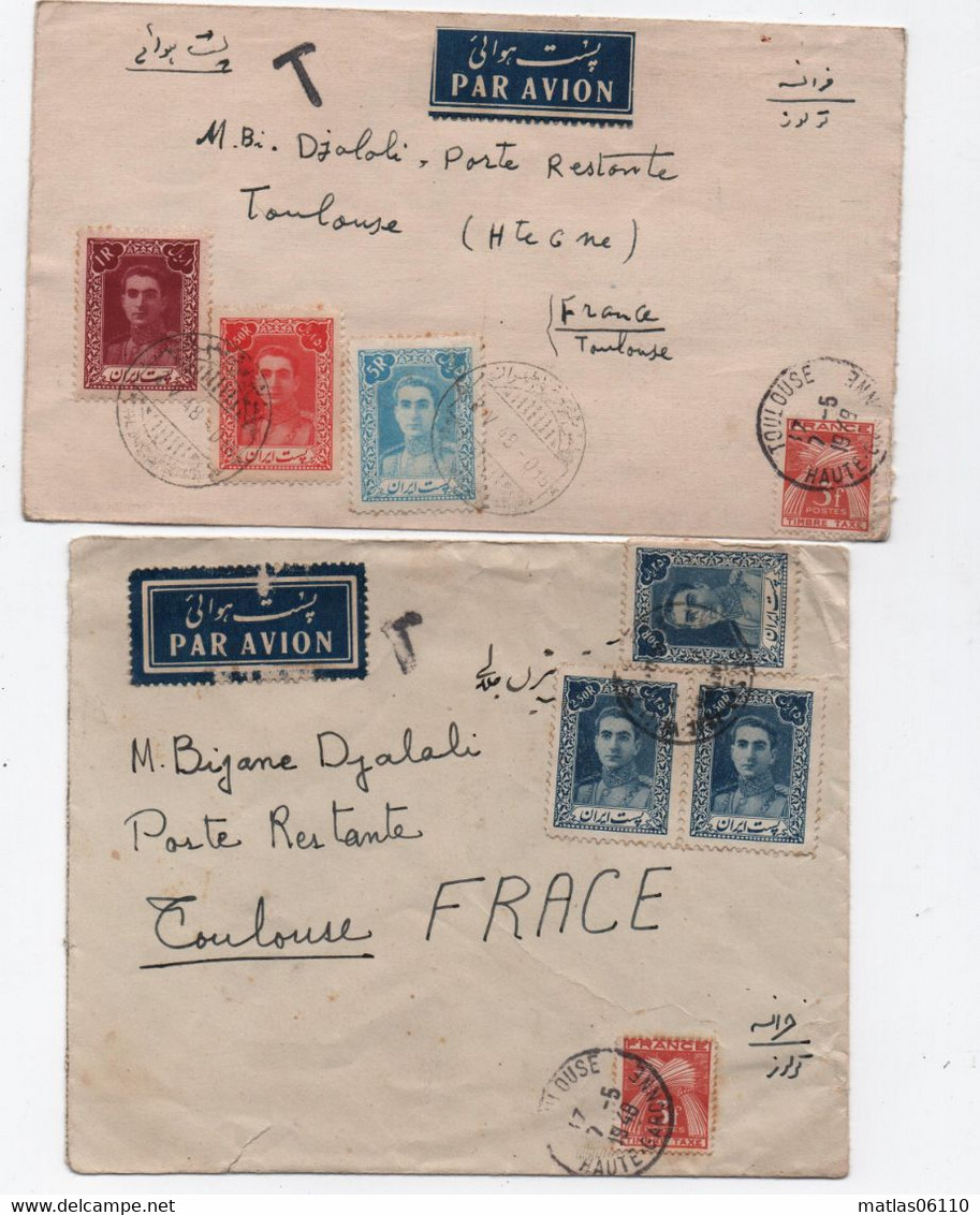 IRAN- 1943/46  - 2 Enveloppes Sans Cor.par Avion  Taxées - ( Riza Pahlavi ) Pour La France-   6 Timbres - - Iran