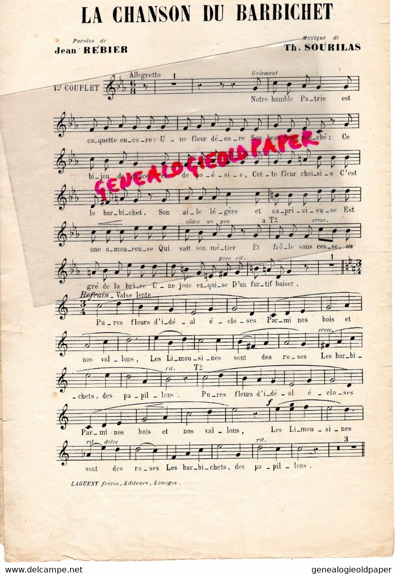 87-LIMOGES- RARE PARTITION MUSIQUE LA CHANSON DU BARBICHET A MME CHARBONNIER-JEAN REBIER-TH-SOURILLAS-JEAN LAGUENY - Scores & Partitions